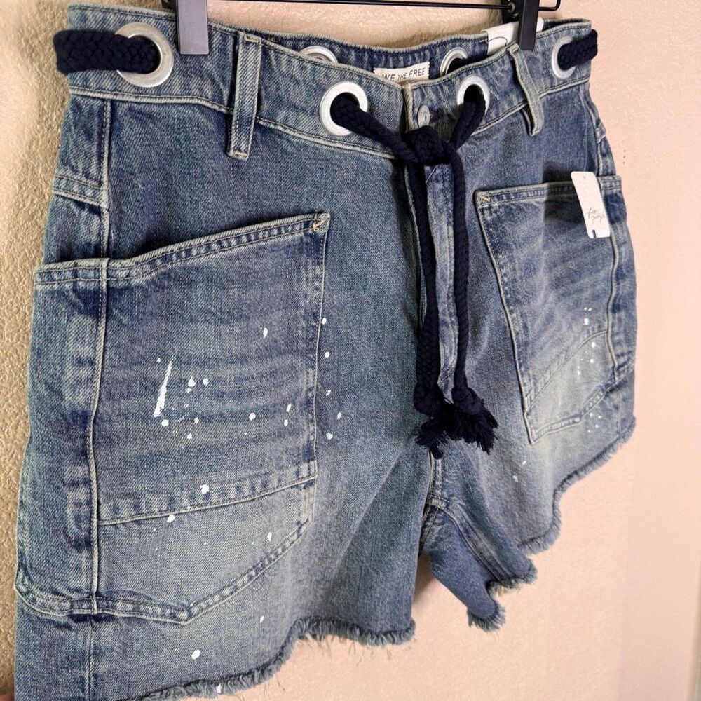 Free People Moxie Barrel Shorts We The Free Rope Tie Slouchy Blue Denim 27 NEW - Picture 3 of 14